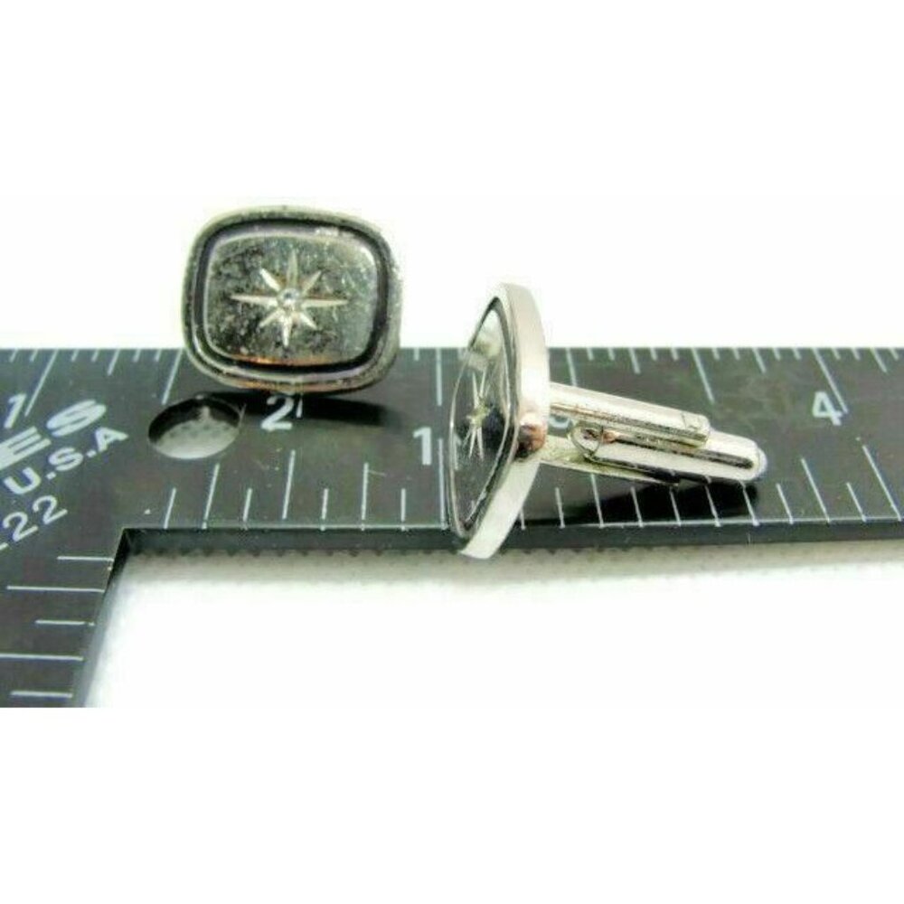 Men Vintage Cufflinks Rectangle Black Enamel Star Center Bullet Silver To - Picture 4 of 12